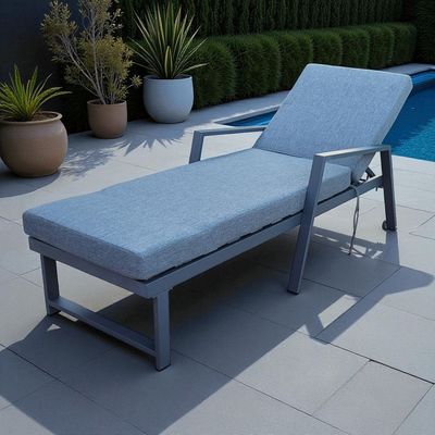 Premium Grey Aluminium Outdoor Sun Lounger with Adjustable Backrest – Grey Cushions , 2x SunBeds