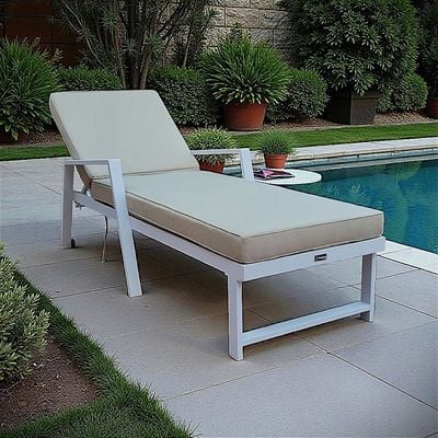Premium White Aluminium Outdoor Sun Lounger with Adjustable Backrest – Beige Cushions