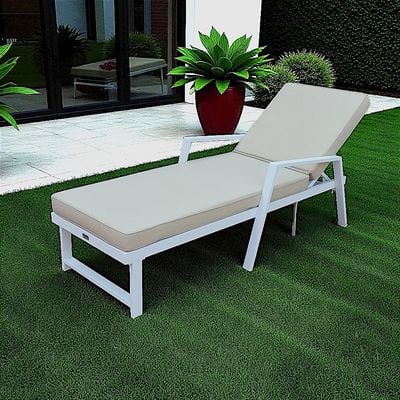 Premium White Aluminium Outdoor Sun Lounger with Adjustable Backrest – Beige Cushions , 2x Sunbeds