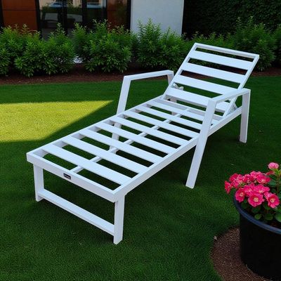 Premium White Aluminium Outdoor Sun Lounger with Adjustable Backrest – Beige Cushions , 2x Sunbeds