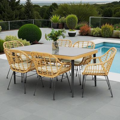6-Seater Modern Outdoor Dining Set – Beige Rattan-Style Chairs with Steel Frame & Glass-Top Table