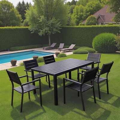Modern 6 Seater Outdoor Dining Set – Metal Frame with Fibre-Wood Tabletop & Seats