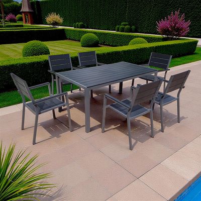 Modern 6 Seater Outdoor Dining Set – Metal Frame with Fibre-Wood Tabletop & Seats