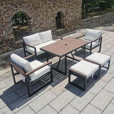 Modern Aluminium Outdoor Garden Set – Black Frame with Faux Teak Finish, Beige & White Cushions