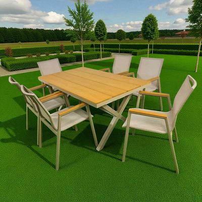 6-Seater Aluminium Outdoor Dining Set – Beige Frame with Faux Wooden-Top Table and Armrests