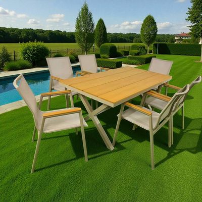6-Seater Aluminium Outdoor Dining Set – Beige Frame with Faux Wooden-Top Table and Armrests