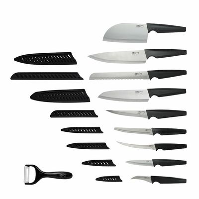 Premium 18-Piece Black Stainless Steel Knife Set, Non-Slip Comfort Handles, Sharpened Chef Knives, Fruits & Vegetable Peeler Included, Ideal for Home & Professional Kitchen