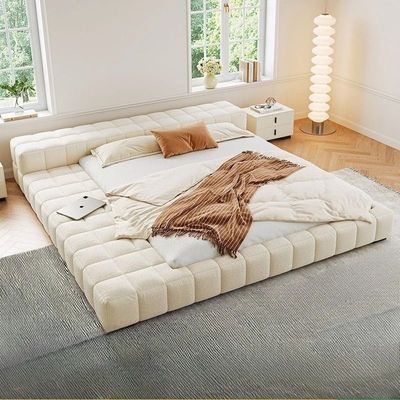 Modern Upholstered Low-Profile Bed – Boucle Fabric – Off White – Queen Size 150 × 200