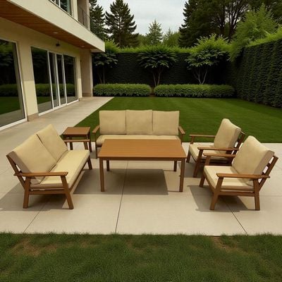 7-Seater Wooden-Effect Aluminium Outdoor Sofa Set – Premium Garden Lounge Collection