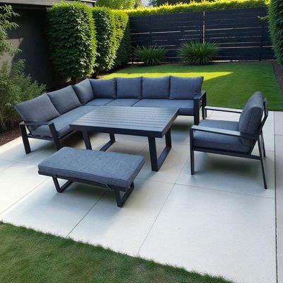 Modern Dark Grey Aluminium Outdoor Corner Sofa Set with Dining Table & Bench