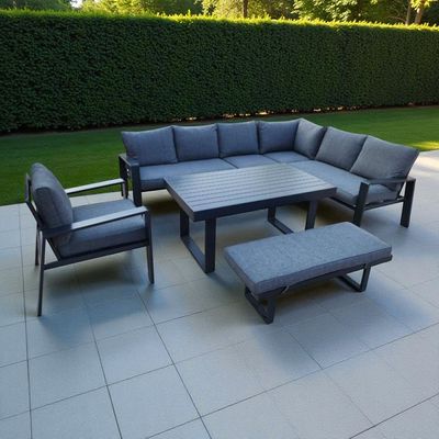 Modern Dark Grey Aluminium Outdoor Corner Sofa Set with Dining Table & Bench
