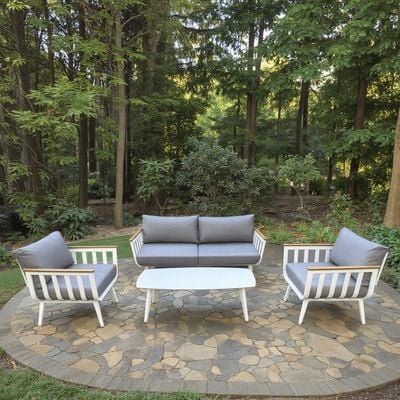 Elegant Outdoor White Aluminium Lounge Set – Modern White Frame with Grey Cushions