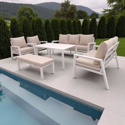9-Seater Modern Aluminium Outdoor Garden Sofa Set – White Frame with Beige Cushions