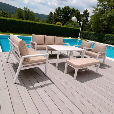 9-Seater Modern Aluminium Outdoor Garden Sofa Set – White Frame with Beige Cushions