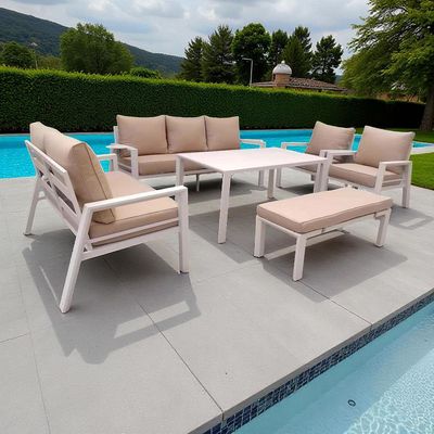 9-Seater Modern Aluminium Outdoor Garden Sofa Set – White Frame with Beige Cushions