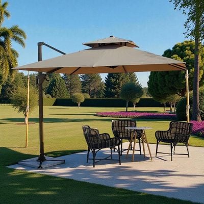 Premium 3x3m Square Cantilever Outdoor Umbrella with Double-Tier Canopy - Marble Base - Beige