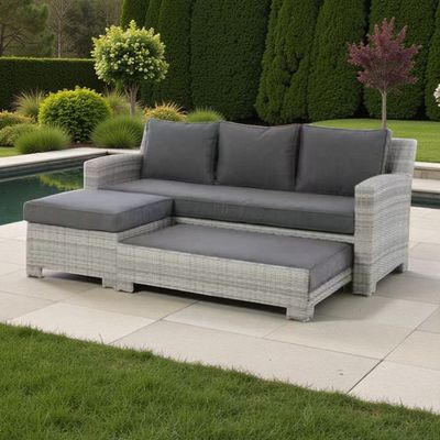 Modern Outdoor Rattan Convertible Sofa cum Daybed – Light Grey Wicker Frame with Plush Cushions