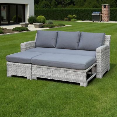Modern Outdoor Rattan Convertible Sofa cum Daybed – Light Grey Wicker Frame with Plush Cushions