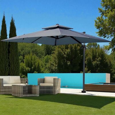 Premium 3x3m Square Cantilever Outdoor Umbrella with Double-Tier Canopy - Marble Base - Grey