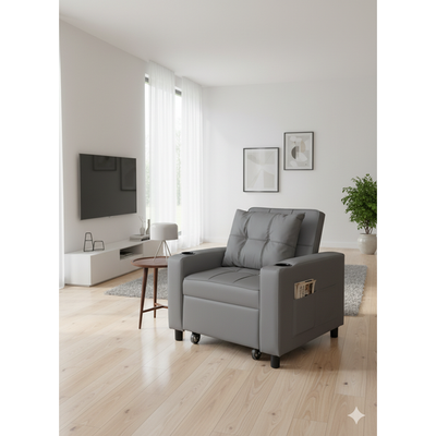 Convertible Chair Sleeper Bed – 3 in 1, Compact Sofa with Cup Holders, Storage Pocket, USB & Type-C Charging Ports (Grey PU)