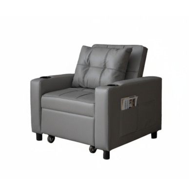 Convertible Chair Sleeper Bed – 3 in 1, Compact Sofa with Cup Holders, Storage Pocket, USB & Type-C Charging Ports (Grey PU)