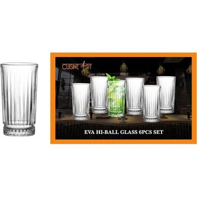 Cuisine Art Eva Hi-Ball Glass Set - 6 Pcs, 255ml - Crystal Clear, Dishwasher Safe, Elegant Longdrink Glasses for Cocktails, Soft Drinks, Water, Juices