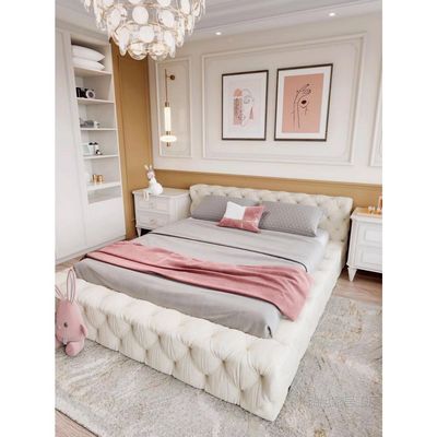 Minimalist Luxury Upholstered Bed Frame – Soft Tufted Platform Bed Design – Soft Velvet – White – Super King Size