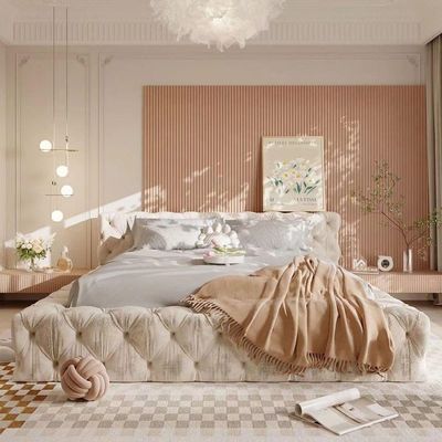 Minimalist Luxury Upholstered Bed Frame – Soft Tufted Platform Bed Design – Soft Velvet – Beige – Queen Size