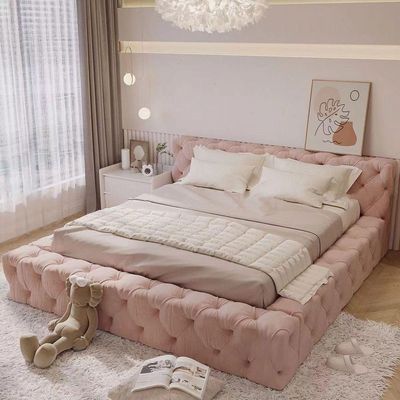 Minimalist Luxury Upholstered Bed Frame – Soft Tufted Platform Bed Design – Soft Velvet – Light Pink – Super King Size
