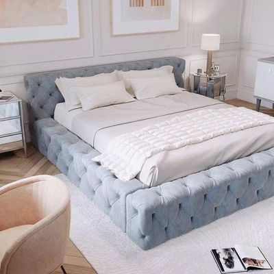 Minimalist Luxury Upholstered Bed Frame – Soft Tufted Platform Bed Design – Soft Velvet – Cyan Blue – Queen Size