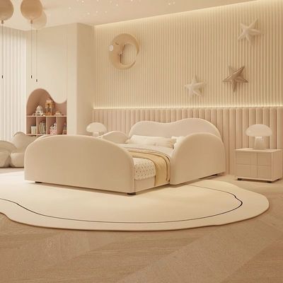 Luxury Curved Upholstered Bed Frame – Plush Cloud Headboard – Low-Profile Platform  – Beige – Super King Size 200×200