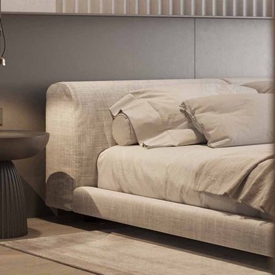 Modern Linen Upholstered Bed Frame – Low Profile Platform Bed with Wide Padded Headboard – Contemporary Minimalist Bedroom Furniture – King Size 180 x 200 cm