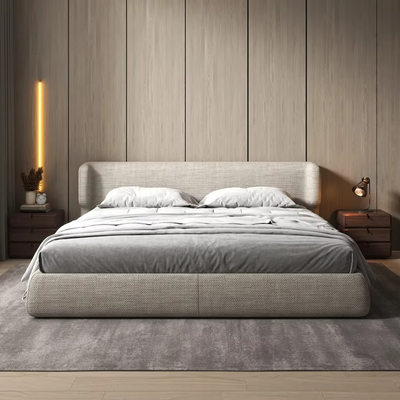 Modern Linen Upholstered Bed Frame – Low Profile Platform Bed with Wide Padded Headboard – Contemporary Minimalist Bedroom Furniture –  Beige – Queen Size 150 × 200
