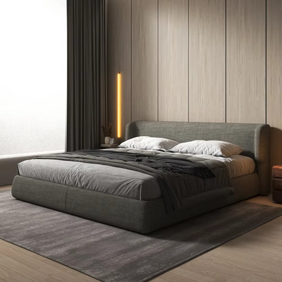 Modern Linen Upholstered Bed Frame – Low Profile Platform Bed with Wide Padded Headboard – Contemporary Minimalist Bedroom Furniture –  Dark Gray – Super King Size 200 × 200