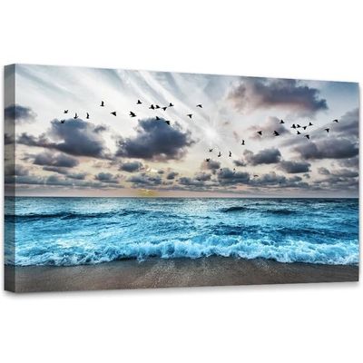 ALAYRA Modern Coastal Abstract 3D Painting Blue Sea Wave Wall Art | Modern Canvas Prints Ready to Hang Framed | Ideal for Living Room, Bedroom & Hotel (20x40 Inch)