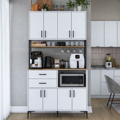 Home Canvas Multi-Function Kitchen Pantry Cabinet with Countertop, Cup Hooks, Drawers & Adjustable Shelves,  White - S-Walnut