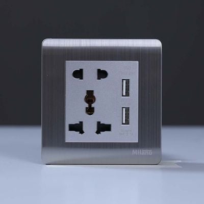 ميلانو Universal Socket (2Pin + 3Pin) With 2.1A U-Silver