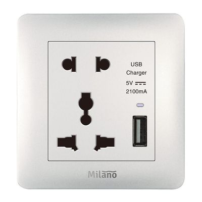 Milano 2 Pin & 3 Pin Universal Socket With 2.1A Us-White