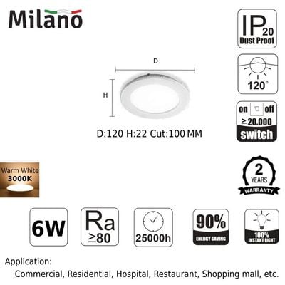 Milano 6W E-Glow Led Panel Light Rd 3000K