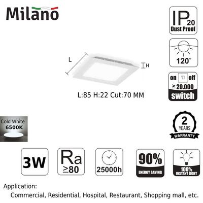 Milano 3W E-Glow Led Panel Light Sq 6500K