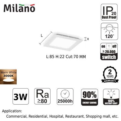 Milano 3W E-Glow Led Panel Light Sq 3000K