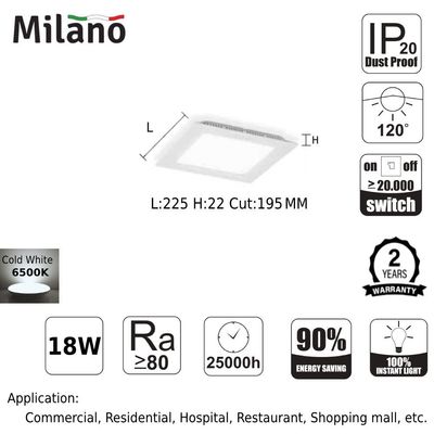 Milano 18W E-Glow Led Panel Light Sq 6500K