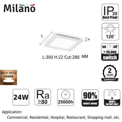 Milano 24W E-Glow Led Panel Light Sq 3000K
