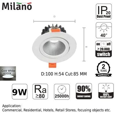 Milano New Dim Led Spot Light 9W 6000K