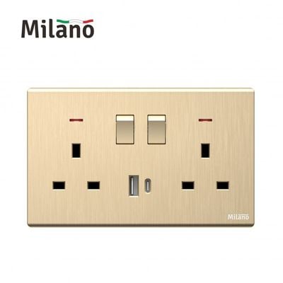 Milano 13A Dual Socket With Neon With Usb Type A+C, Dp  Aura Gld