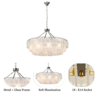 Kara Chandelier Metal Plated+Glass - White/Chrome - D80x48xH120 