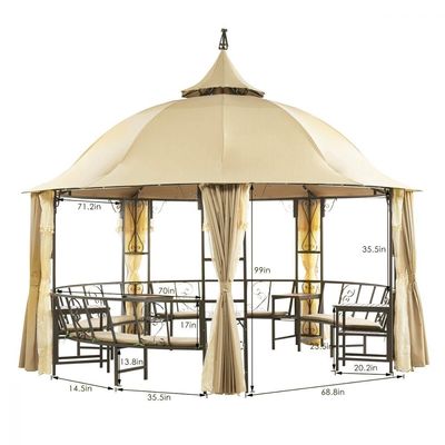 Luxury Round Gazebo with 12-Seater Bench, Curtains and Mosquito Nets - 410 cm