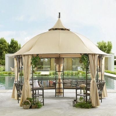 Luxury Round Gazebo with 12-Seater Bench, Curtains and Mosquito Nets - 410 cm