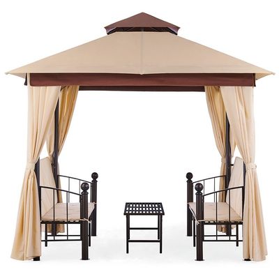 Miraj Steel Frame Gazebo with 6-Seater Bench & Curtains - Beige -  280x235x280 cm