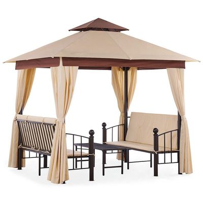 Miraj Steel Frame Gazebo with 6-Seater Bench & Curtains - Beige -  280x235x280 cm